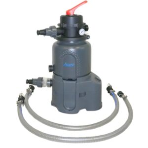 A grey Hanki Sand Filtration System water filter pump with attached hoses, control valve, and pressure gauge is shown against a white background.