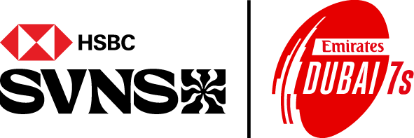 Logos for HSBC SVNS and Emirates Dubai 7s rugby events, displayed side by side on a white background.