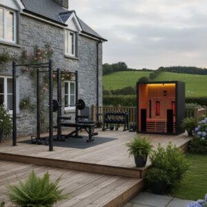 A stone house with a wooden decking features outdoor gym equipment and the Infrared Sauna 160, set amid lush green fields and plants.