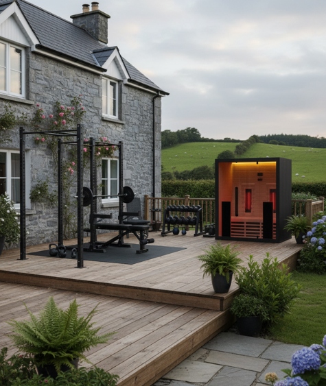 A stone house with a wooden decking features outdoor gym equipment and the Infrared Sauna 160, set amid lush green fields and plants.