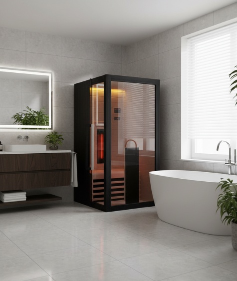 Modern bathroom with a freestanding bath, illuminated vanity mirror, indoor plants, and the Infrared Sauna 100—a compact glass sauna placed beside the bath.