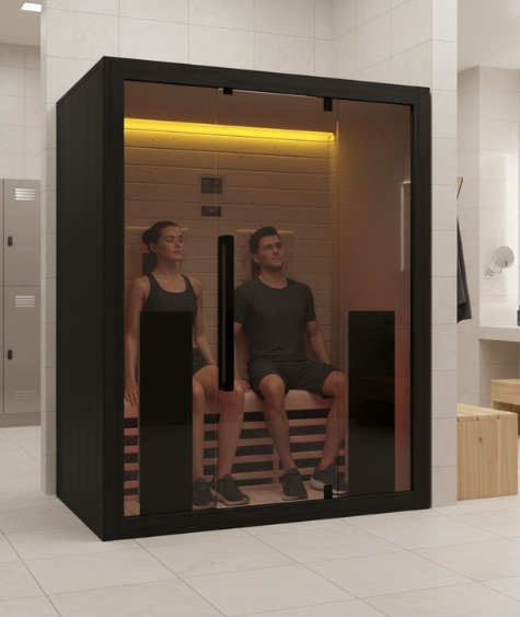 Two people relax inside the Infrared Sauna 160 with glass doors, set in a sleek locker room.