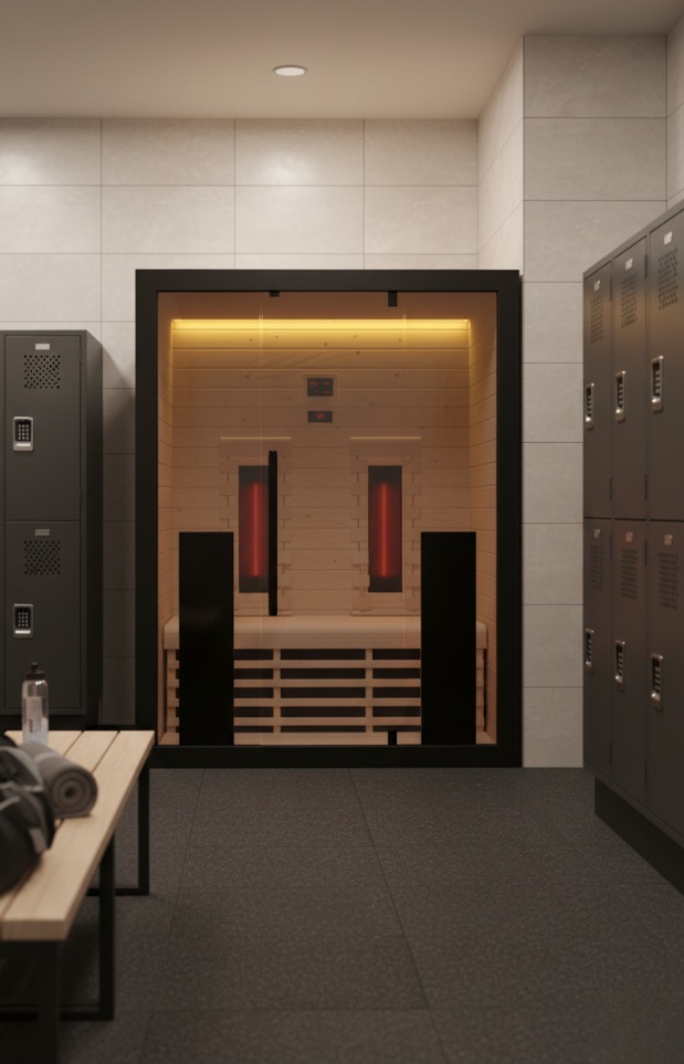 A modern changing room with a wooden sauna in the centre, surrounded by grey lockers, a bench, and a sports bag.