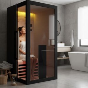 A woman, wrapped in a towel with her eyes closed, relaxes in the Infrared Sauna 100— a modern glass-enclosed sauna located in a bathroom.