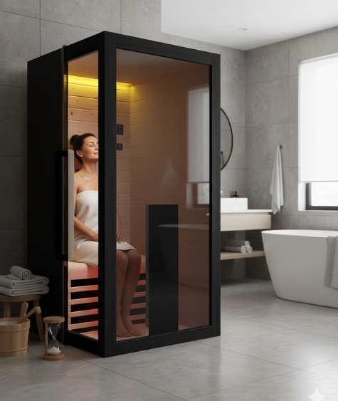 A woman, wrapped in a towel with her eyes closed, relaxes in the Infrared Sauna 100— a modern glass-enclosed sauna located in a bathroom.
