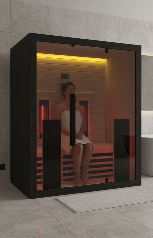 A woman sits in a modern infrared sauna, wrapped in a towel, with soft yellow and red lighting inside the sauna cabin.
