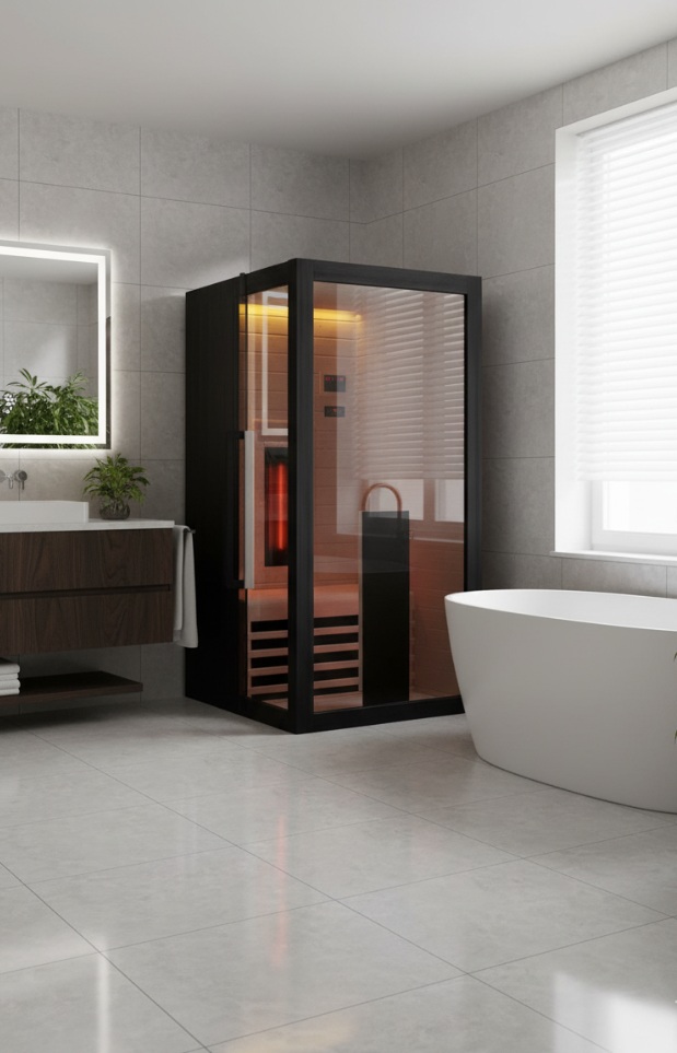 Modern bathroom with a freestanding bath, wall-mounted sink unit, illuminated mirror, and a glass-enclosed sauna with interior lighting.