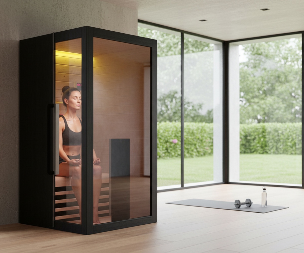 A woman relaxes inside the Infrared Sauna 100 in a sunlit room with large windows; a yoga mat, dumbbells, and water bottle are placed on the floor beside her.