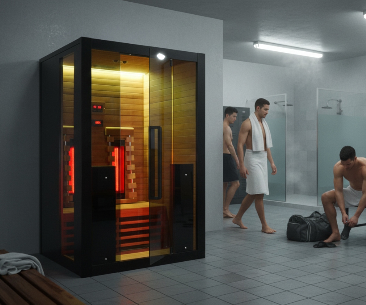 A modern gym changing room showcases the Infrared Sauna 130 on the left, where two men in towels—one standing, one seated—relax near sleek lockers and showers.