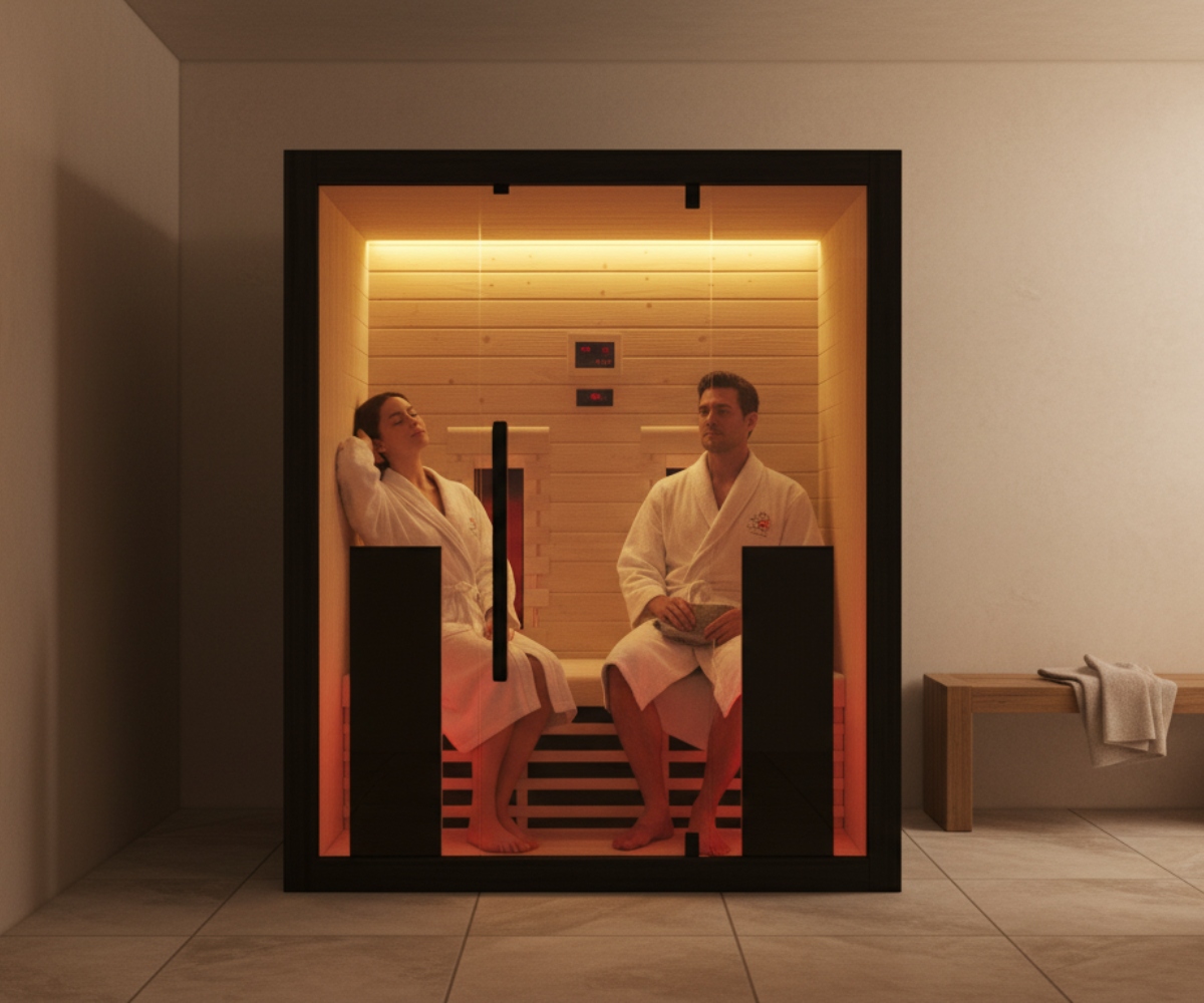 Two people in white robes relax inside the Infrared Sauna 160, illuminated by warm orange lights, while a towel rests on a wooden bench outside.