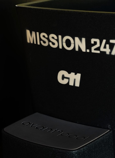 Black container with white text reading MISSION.247 CH above a surface labelled avanti°pool.