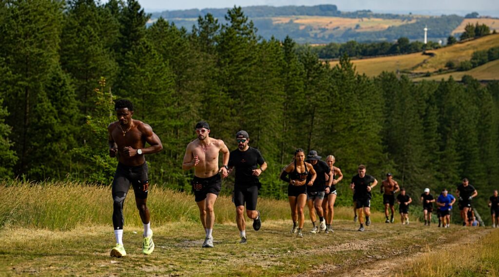 A group of runners compete on a grassy trail through a forested area with hills and wind turbines visible in the background.