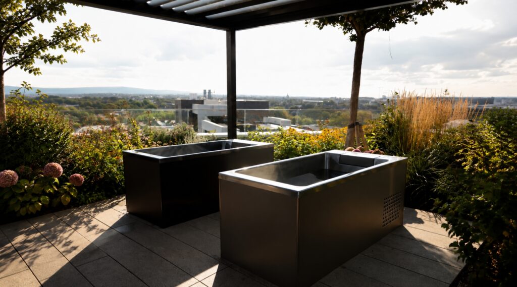 Two modern rectangular baths are placed on a tiled patio under a pergola, surrounded by greenery, with a cityscape and cloudy sky visible in the background.