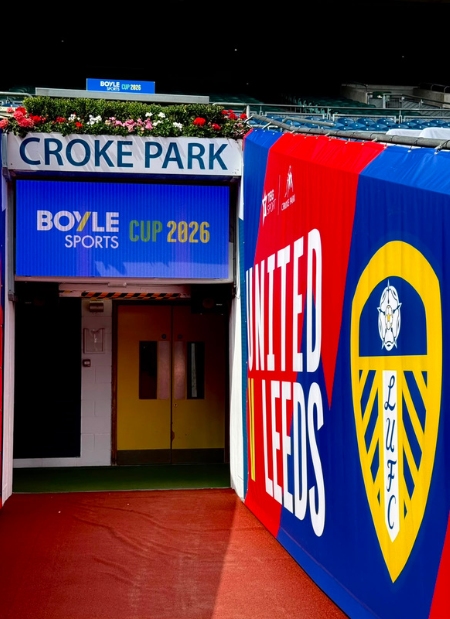 The players tunnel at Croke Park with BoyleSports Cup 2026 signage and a large Leeds United FC crest.